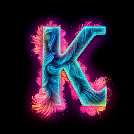 Fluid letter K painted in rainbow colors isolated on black backgroundの素材