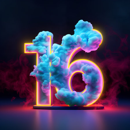 Number 16 in a cloud of smoke, neon sign. 3d illustrationの素材