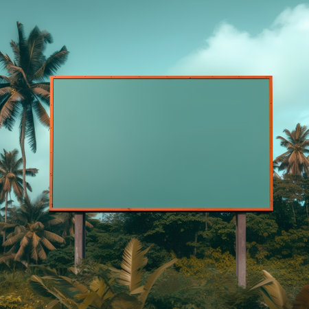 Blank billboard with palm trees and blue sky. 3d renderingの素材