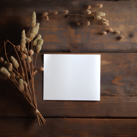 Blank paper sheet mockup with dried flowers on wooden background.の素材