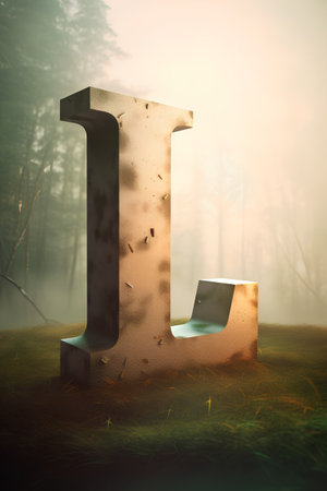 Stone letter L in the forest with fog. 3D illustration.の素材