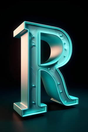 Neon letter R uppercase isolated on black background. 3d renderingの素材