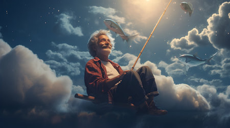 Fisherman sitting on a boat with fishing rod in the cloudsの素材
