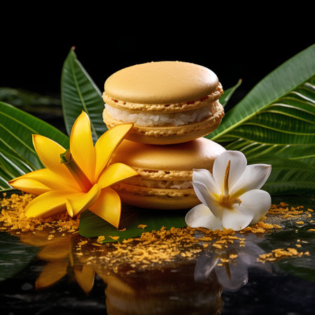 Tasty macaroons on black background with tropical leaves and flowersの素材