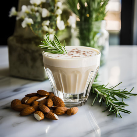 Cappuccino with rosemary and almonds on a marble tableの素材