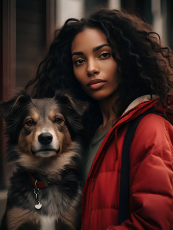 Beautiful african american woman in red coat with her dogの素材