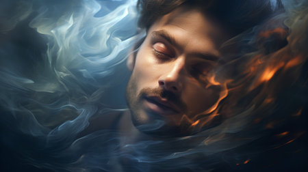 Portrait of a handsome man in smoke on a dark background.の素材