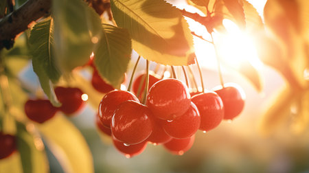 Ripe red cherries on a tree branch in the rays of the setting sunの素材