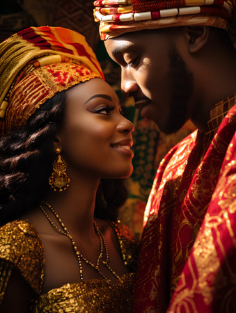 Portrait of a beautiful African-American couple in traditional clothing.の素材