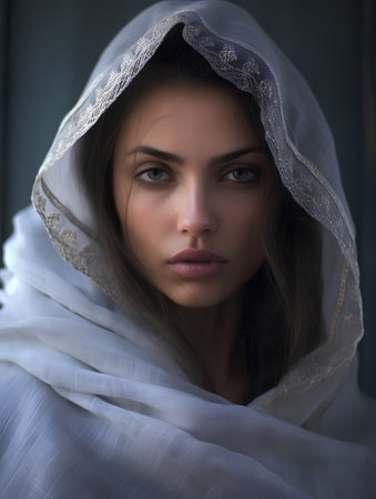 Portrait of a beautiful young woman in a white shawlの素材