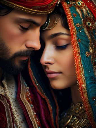 Closeup portrait of a beautiful young couple in traditional indian clothingの素材