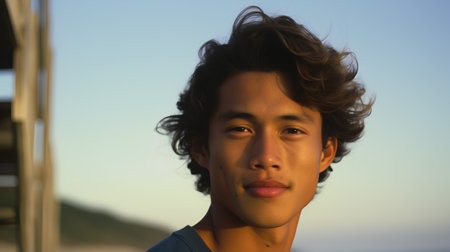 portrait of a young asian man on the beach at sunsetの素材