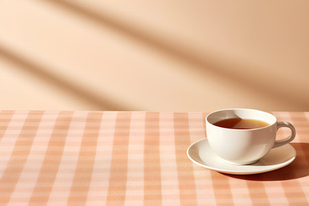 Cup of tea on a checkered tablecloth with sunlightの素材