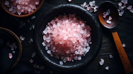 Himalayan pink salt in bowl and spoon on black stone backgroundの素材