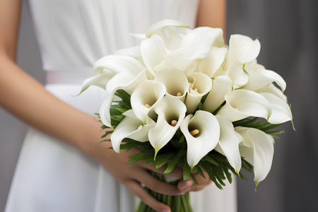 Wedding bouquet of white calla lilies in the hands of the brideの素材