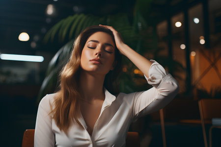 Portrait of a beautiful young woman sitting in a cafe at night.の素材
