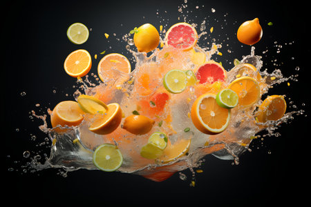 Fruit splashing in water on black background. 3d renderingの素材