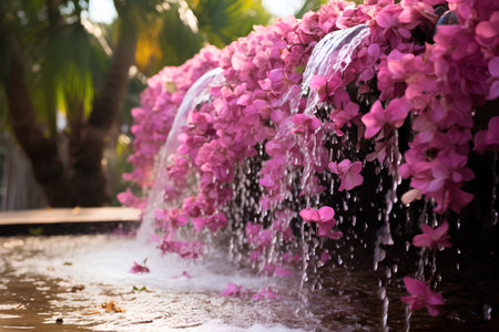 Beautiful pink orchid flowers blooming in the garden with water.の素材