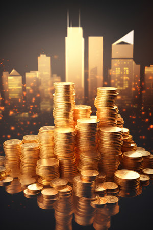 golden coins with cityscape on the background (3d render)の素材