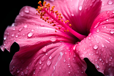 Pink hibiscus flower with water drops isolated on black backgroundの素材