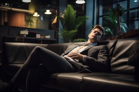 Young businessman sleeping on sofa at night in office, having rest.の素材