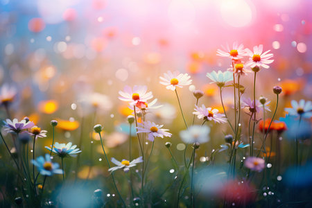 summer meadow with daisies and sun rays, nature backgroundの素材