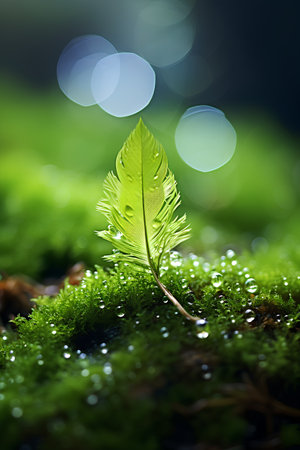 Green leaf with water droplets on moss and bokeh backgroundの素材