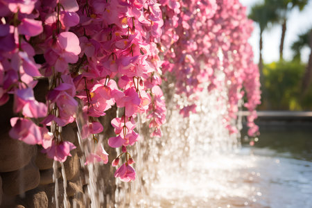 Pink orchids hanging from a stone wall in a garden.の素材