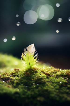Beautiful feather on moss with bokeh background, soft focusの素材