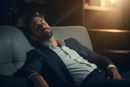 Handsome businessman in suit sleeping on sofa in dark room at nightの素材