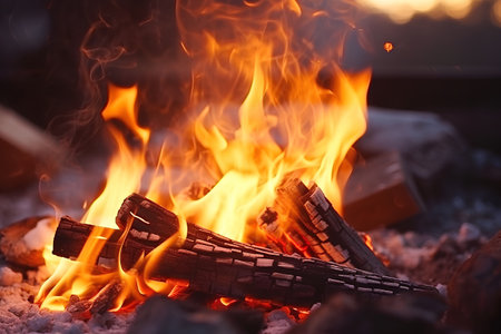 Burning firewood in the fireplace, close-up of photoの素材