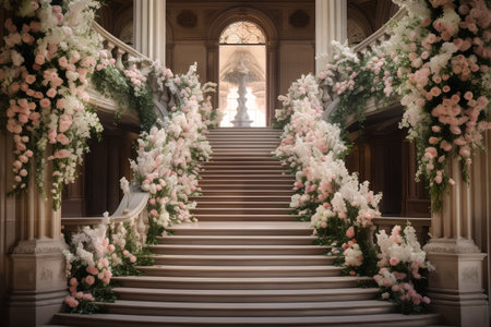 Wedding decoration with white and pink roses in the hall.の素材