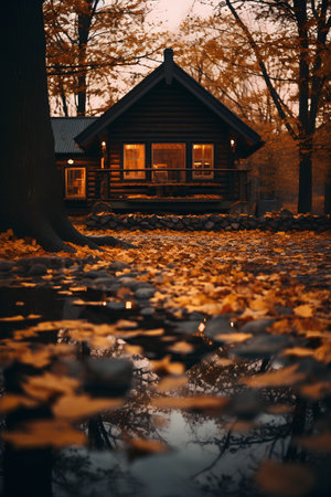 Wooden house in the autumn forest with maple leaves on the groundの素材