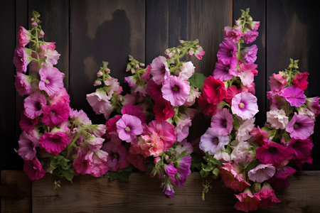 Pink and violet hollyhock flowers on dark wooden background.の素材