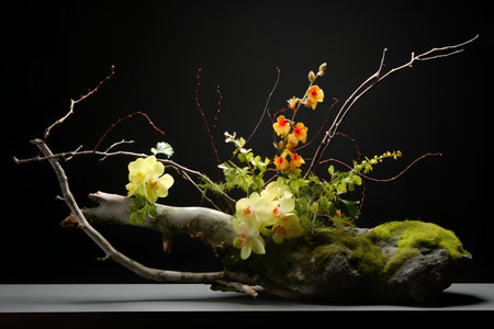 Orchids on a branch on a black background. 3d renderの素材