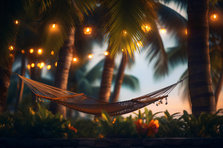 Hammock in front of palm trees and sunset. 3d renderingの素材