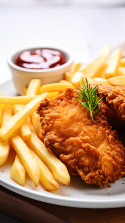 Crispy fried chicken nuggets with french fries and ketchupの素材