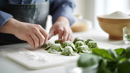 Man preparing fresh homemade spinach ravioli on table in kitchen, closeupの素材