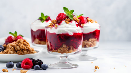 Healthy breakfast with granola, yogurt and berries in glasses on a light background.の素材