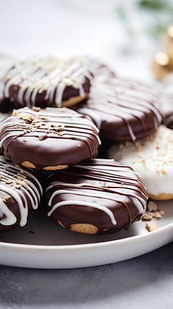 Chocolate donuts with nuts on a white plate. Selective focus.の素材