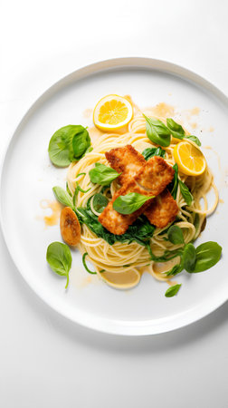 Spaghetti with fried chicken fillet, spinach and lemon on white plateの素材