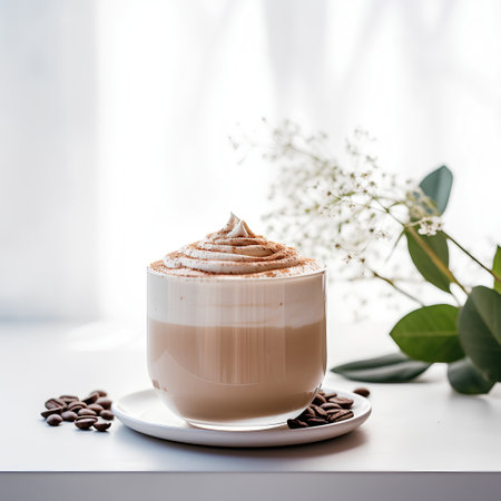 Coffee latte with whipped cream and coffee beans on a white backgroundの素材
