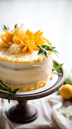 Lemon cake decorated with yellow flowers on a white background, selective focus.の素材