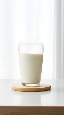 Glass of milk on a white table. 3d rendering mock upの素材