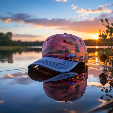 Sunset on the lake with a baseball cap and reflection in waterの素材