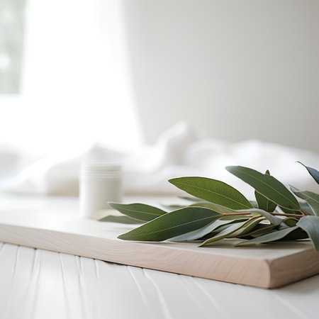 Eucalyptus leaves and cream bottle on wooden tray in bedroomの素材