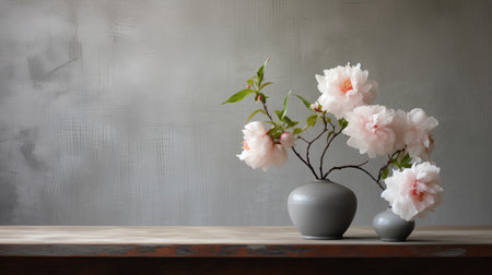 Cherry blossom in vase on wooden table and grey wall backgroundの素材