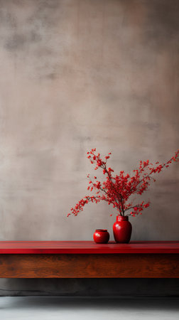 Red vase with red flowers on wooden shelf against grunge wallの素材