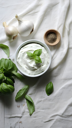 Tzatziki sauce in a bowl with basil, garlic and pepper on a white backgroundの素材
