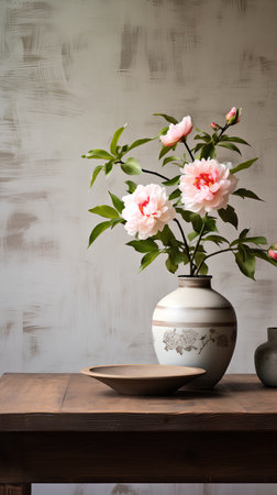 Vase with peony flowers on a wooden table against the wallの素材